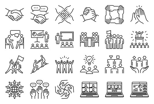 Teamwork and business collaboration vector icon set. Minimalist line symbols for team unity, partnership handshake, group brainstorming, success, and shared goals.