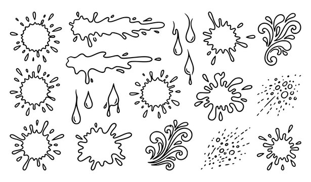 Black outline ink splash and splatter vector set with sketch style liquid stain shapes