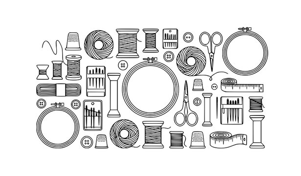 Black outline sewing thread spool and bobbin vector set with tailoring knitting and needlework tools illustration