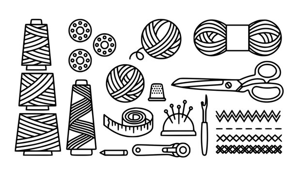 Minimal black sewing spool bobbin and yarn outline vector collection for tailoring and knitting design