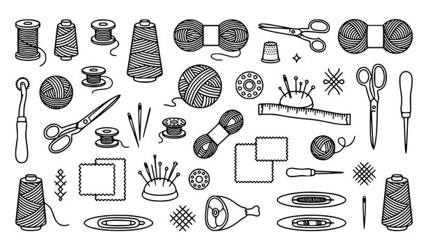 Monochrome sewing thread and yarn spool outline vector illustration with tailoring and weaving tools
