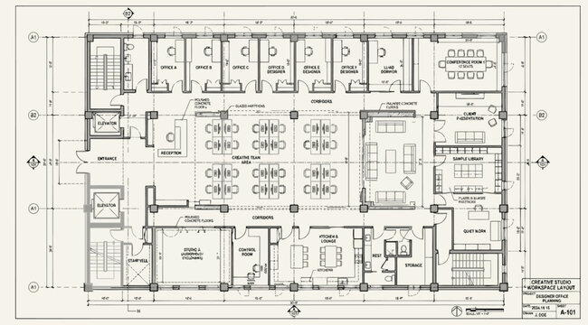 Architectural floor plan of a modern office space with furniture layout