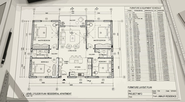 Architectural blueprint of a residential apartment floor plan on a drafting table with pencil