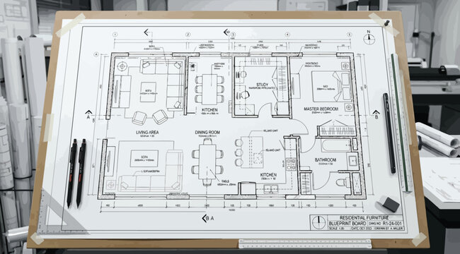 Architectural blueprint of a house floor plan on a drafting table