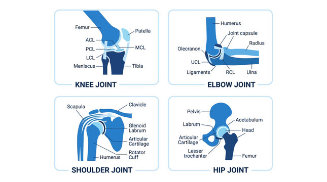 Anatomy of Human Joints: Knee, Elbow, Shoulder, Hip - Medical Illustration