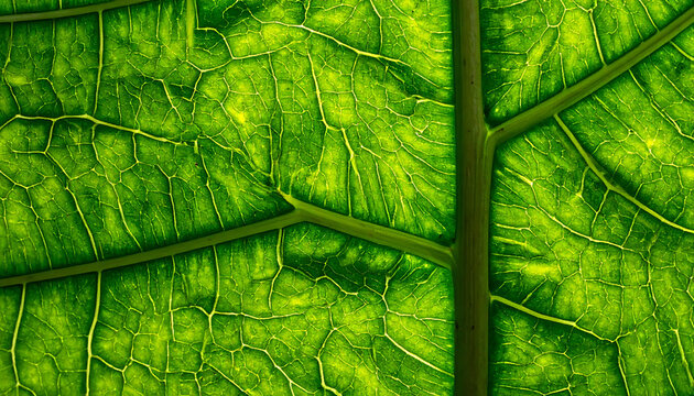 Closeup of vibrant green leaf veins backlit, intricate natural pattern, organic texture, fresh botanical detail