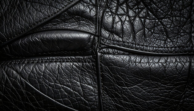 close-up of textured black leather surface with visible stitching and subtle highlights