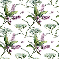 Mint and yarrow mix seamless pattern watercolor illustration. Botanical herbs blend for refreshing dental care pharmacy branding, antiinflammatory cosmetics packaging, tonic medical tea print © AnKa