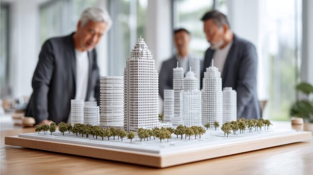 Architects reviewing a detailed scale model of a modern city skyline with skyscrapers and trees