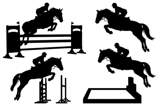 Silhouettes of horse riders jumping fences in equestrian competition.