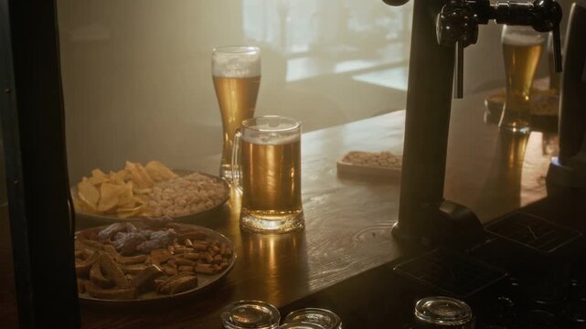 Tilt down no people shot of bar counter with tabletop beer dispenser, assorted snacks on platters including crinkle cut potato chips, peanuts and croutons served near beer glasses