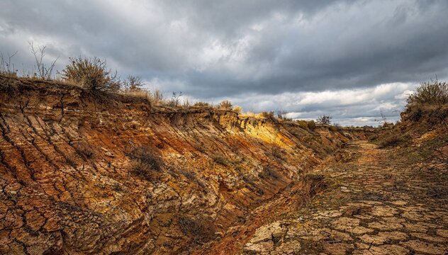 Dramatic landscape of arid brown and orange dirt earth with cracked patterns, eroded slopes, and sparse dry vegetation under a foreboding stormy sky, showcasing a desolate outdoor environment