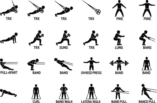TRX Suspension Training Exercise Silhouettes Set Isolated on White Background for Fitness and Workout Design