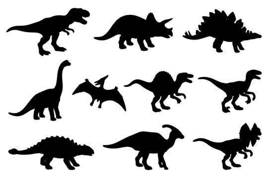 Dinosaur silhouettes collection: t-rex, triceratops, stegosaurus, pterodactyl, parasaurolophus.