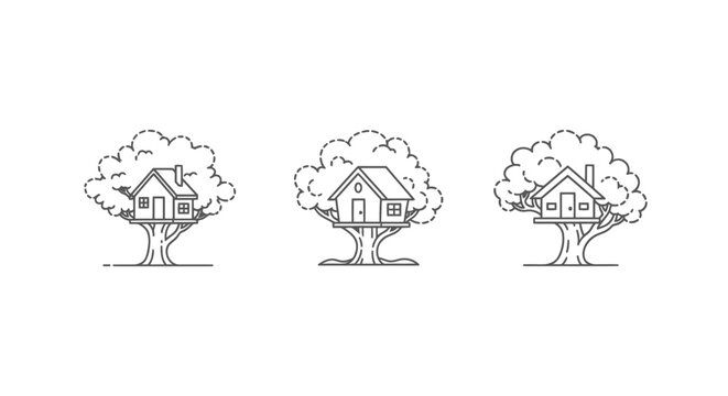 Whimsical black and white treehouse illustration set trio.