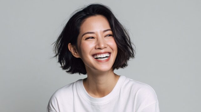Joyful Asian woman with short black hair laughing heartily against a neutral gray background