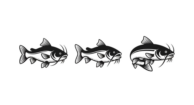 Three stylized black and white catfish illustrations side by side.