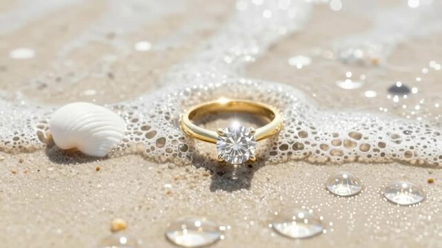 Gold ring with a diamond floats on the waves onto wet sand, covered with sea foam. A white shell lies nearby, water droplets glistening. Sunlight reflects off the ring and the wet surface.