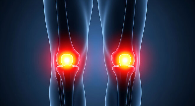 Human knee joint pain 3D anatomy illustration of glowing kneecap inflammation
