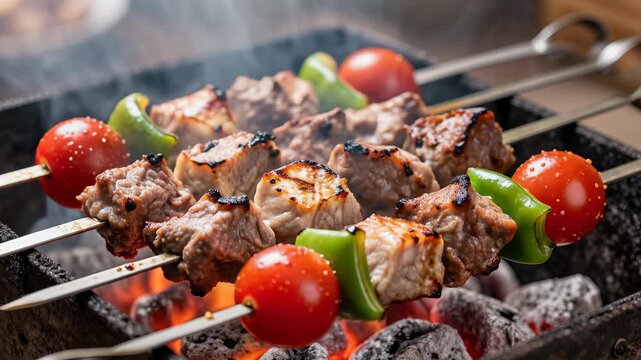 Shashlik skewers sizzle over glowing charcoal. Tomatoes and peppers add color to the grill. Smoke curls as meat cooks perfectly