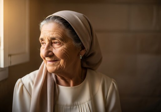 Pensive and Smiling Elderly Senior Woman with Gray Hair and Wrinkles Wearing a Beige Headscarf Looking Out of a Bright Window with Soft Warm Sunlight Illuminating Her Face Indoors