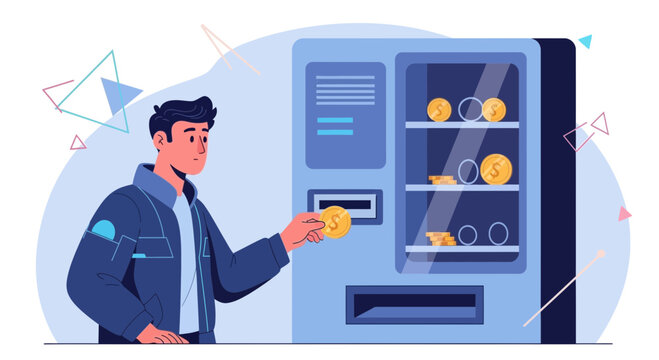 Man Inserting Coin into Vending Machine with Products Inside