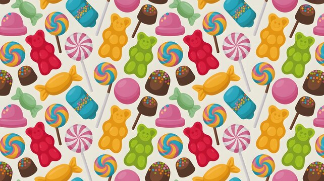 Seamless pattern with colorful candies, lollipops, gummy bears and chocolates on a light background