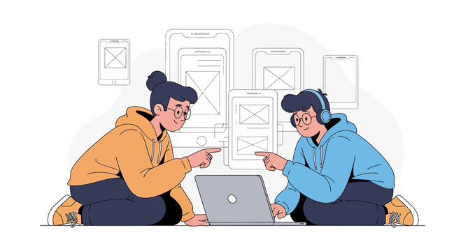 UI/UX Designers Collaborating on App Wireframes with Laptop and Devices