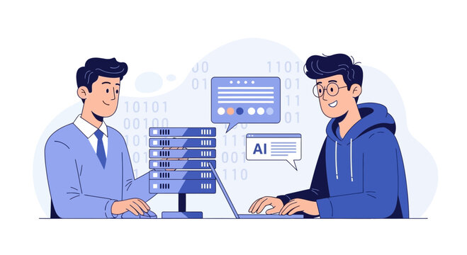 Two people working with technology, servers, and AI. Binary code background.