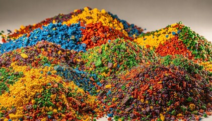 Fototapeta premium Vibrant abstract piles of multicolored pigment powder create a dynamic textural landscape, showcasing a rich spectrum of hues in a scattered, chaotic yet beautiful arrangement
