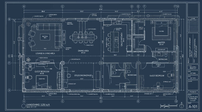 Detailed blueprint of a residential floor plan with technical annotations
