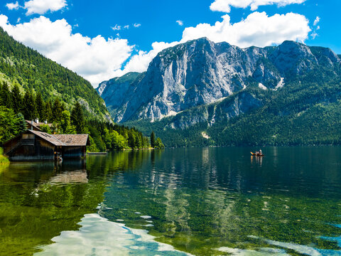 Austria, Styria, Altaussee, boathouse at Altausseer See with Trisselwand at in the background