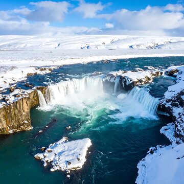 Snowy landscape with majestic waterfall cascading.
