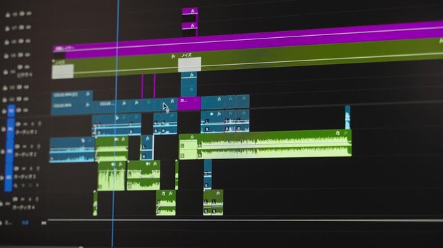 動画編集ソフトのタイムラインとオーディオ波形のクローズアップ画面/Close-up of a video editing software timeline with audio waveforms