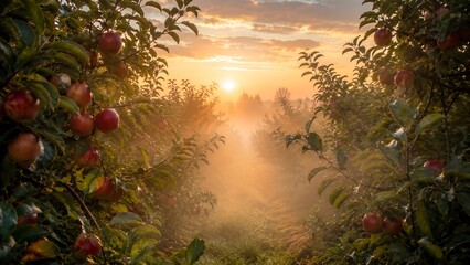 Obraz premium Sunrise light through apple orchard trees