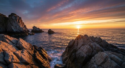 Obraz premium Coastal sunrise over rocky shore, vibrant hues on water and clouds