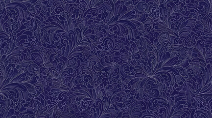 Seamless pattern with intricate floral swirls and damask motifs in shades of deep navy blue and white © S.Siam