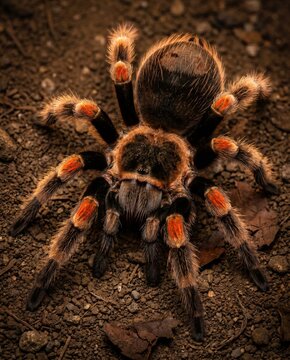 Macro portrait of Mexican redknee tarantula resting on forest soil
