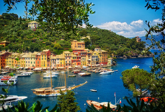 Italy, Liguria, Portofino, boats and row of houses