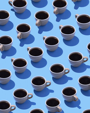 Coffee cups on light blue ground, 3D Rendering