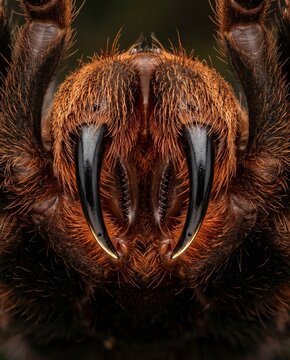 Extreme macro close-up of venomous fangs and chelicerae of tarantula