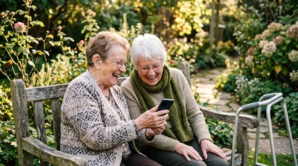 Fototapeta premium Two senior women laughing and using smartphone in garden,Generated Image