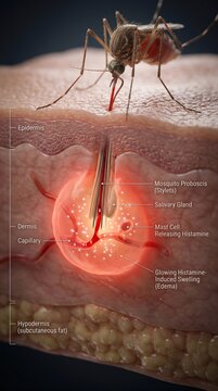 3D Macro Medical Cross-Section of Mosquito Bite and Histamine Swelling