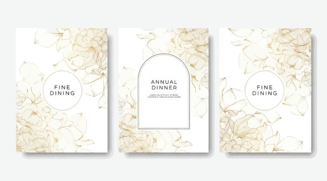 Set of luxury fine dining menu templates with gold watercolor floral elements, elegant wedding invitation cards, botanical stationery design