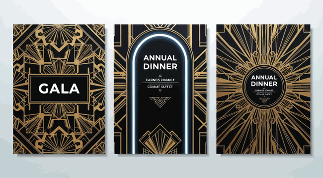 Art deco style annual dinner and gala invitation card templates with geometric golden patterns