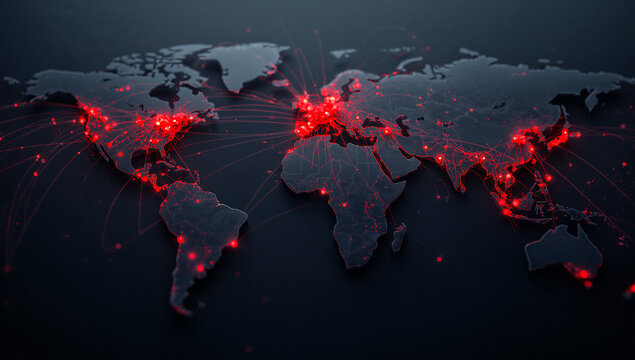世界地図に赤い感染拡大エリアが表示される公衆衛生の3D素材