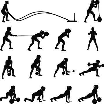Silhouette set of people performing battle rope fitness exercises isolated on white background