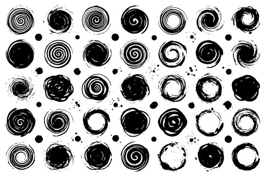 Abstract black spiral and swirl pattern on white background with various circular designs.