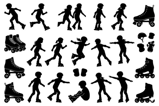 Silhouettes of young skaters and rollerblading gear in action.