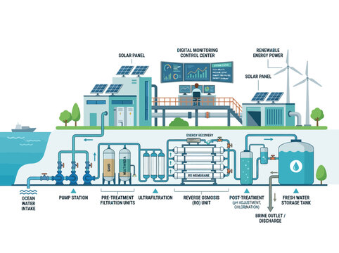 Seawater desalination facility infographic with reverse osmosis unit